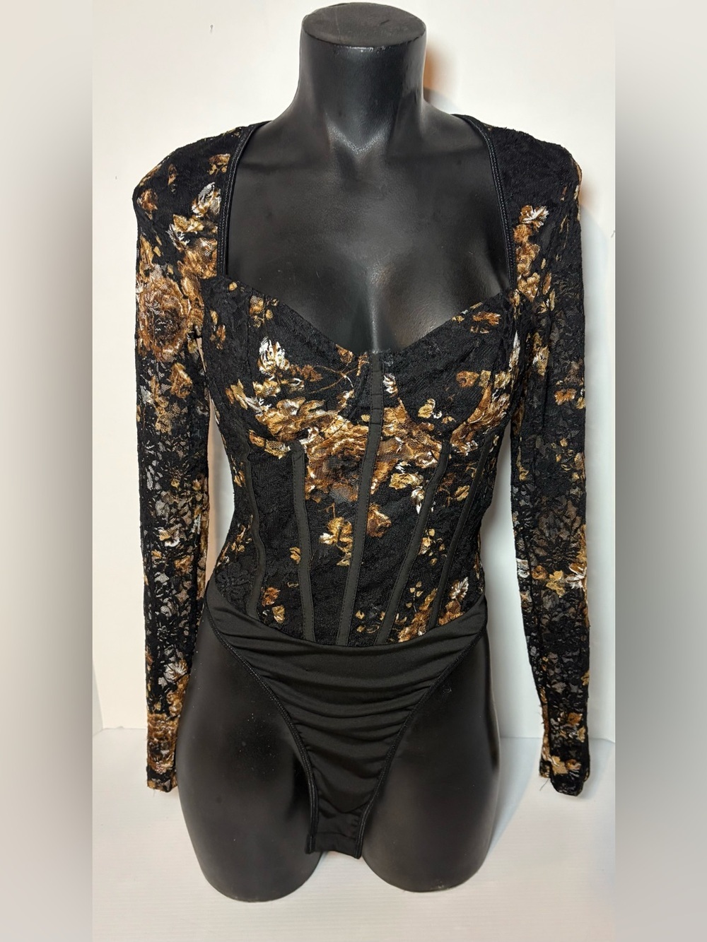 SHEIN Black Lace Floral Velvet Bustier Bodysuit with Gold Brown Accents